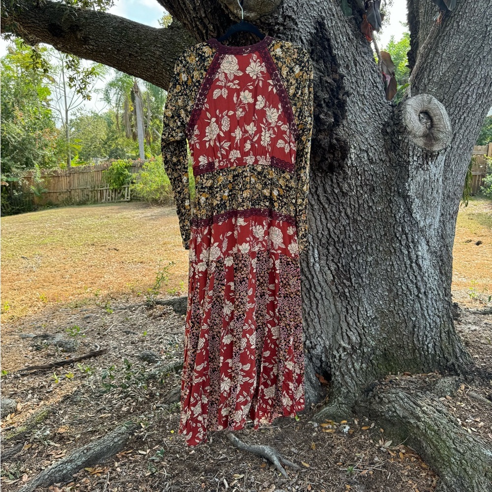 Free People Tilda Rusty Red and cream maxi wrap dress with lace trim.Deep-v. L - Picture 7 of 12